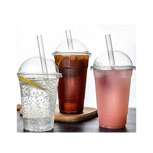 AMAZING OFFERS!! 100Pcs Disposable Plastic Cups with Dome Lids & Straws:| 250ml | Suitable for Juices, Iced Coffee, Smoothies, Milkshakes and Frozen Cocktails | Recyclable
