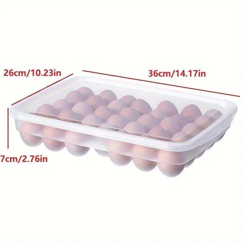 34pc Egg tray storage container with lid, made of hard plastic, long lasting-Transparent food-grade egg storage container with lid for refrigerator organization and safe egg storage.