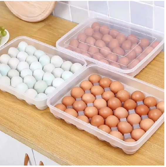 34pc Egg tray storage container with lid, made of hard plastic, long lasting-Transparent food-grade egg storage container with lid for refrigerator organization and safe egg storage.