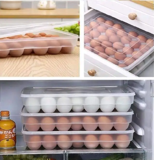 34pc Egg tray storage container with lid, made of hard plastic, long lasting-Transparent food-grade egg storage container with lid for refrigerator organization and safe egg storage.