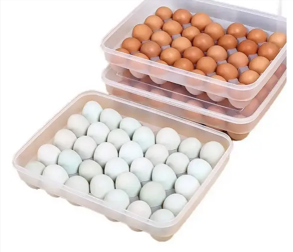 34pc Egg tray storage container with lid, made of hard plastic, long lasting-Transparent food-grade egg storage container with lid for refrigerator organization and safe egg storage.