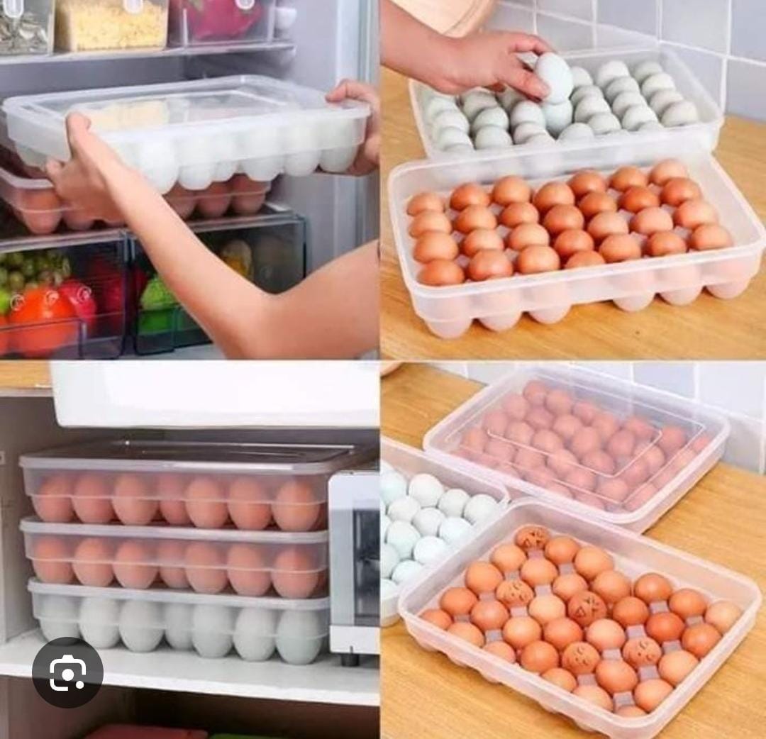 34pc Egg tray storage container with lid, made of hard plastic, long lasting-Transparent food-grade egg storage container with lid for refrigerator organization and safe egg storage.