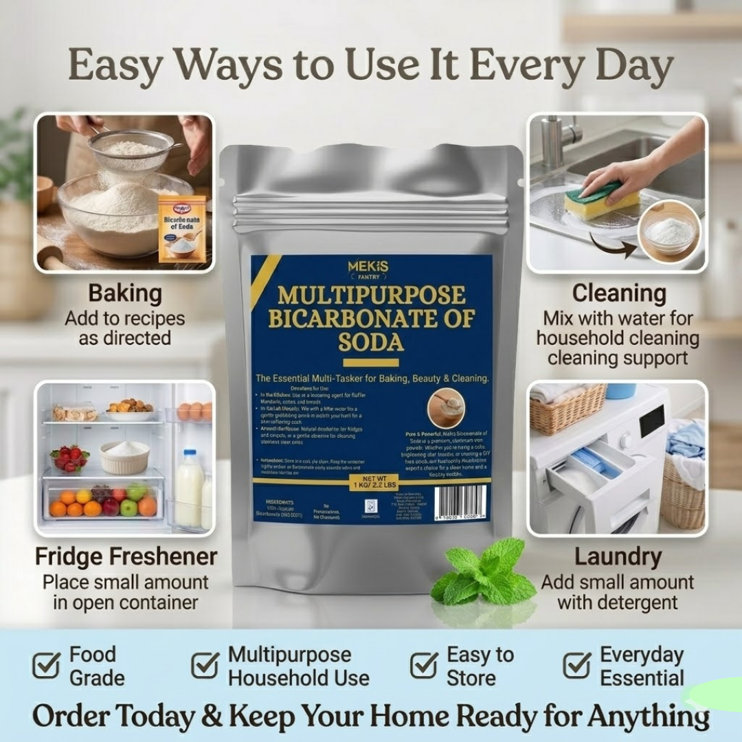 Mekis Pantry Multipurpose Bicarbonate of Soda (Food Grade) - ,A trusted household essential for baking, cleaning, deodorizing, and more.