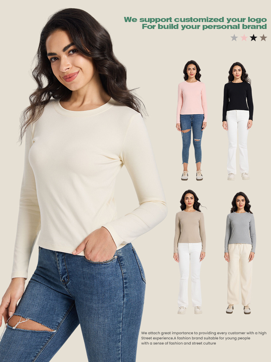 European and American women's casual long-sleeved T-shirt spring and autumn elastic fitted pullover T-shirt women's streetwear base layer top