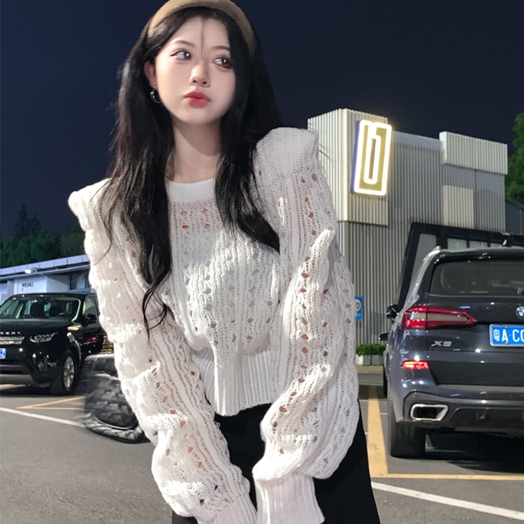New arrival Amazon European and American hollow thin shoulder pad knit sweater autumn short sleeve long sleeve sweater women's base top