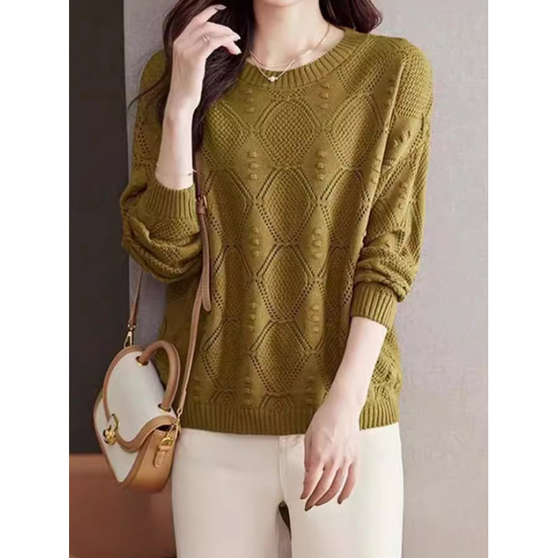 2 *PCS Cross-border Autumn/Winter Breathable Hollow Long-sleeved Knit Sweater Women Thin Casual Top Loose New Round Neck Base Layer Top Women