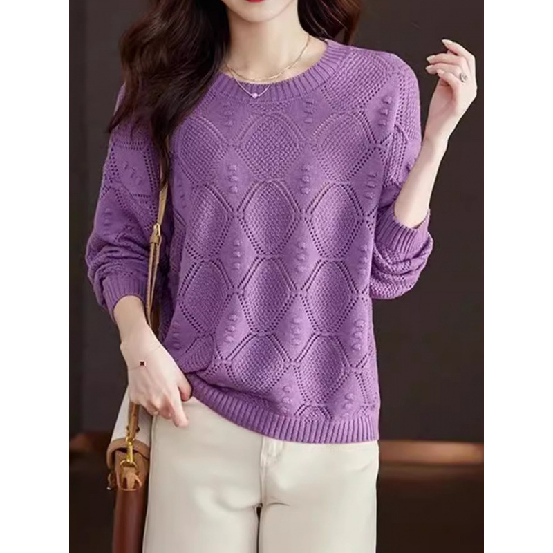 2 *PCS Cross-border Autumn/Winter Breathable Hollow Long-sleeved Knit Sweater Women Thin Casual Top Loose New Round Neck Base Layer Top Women