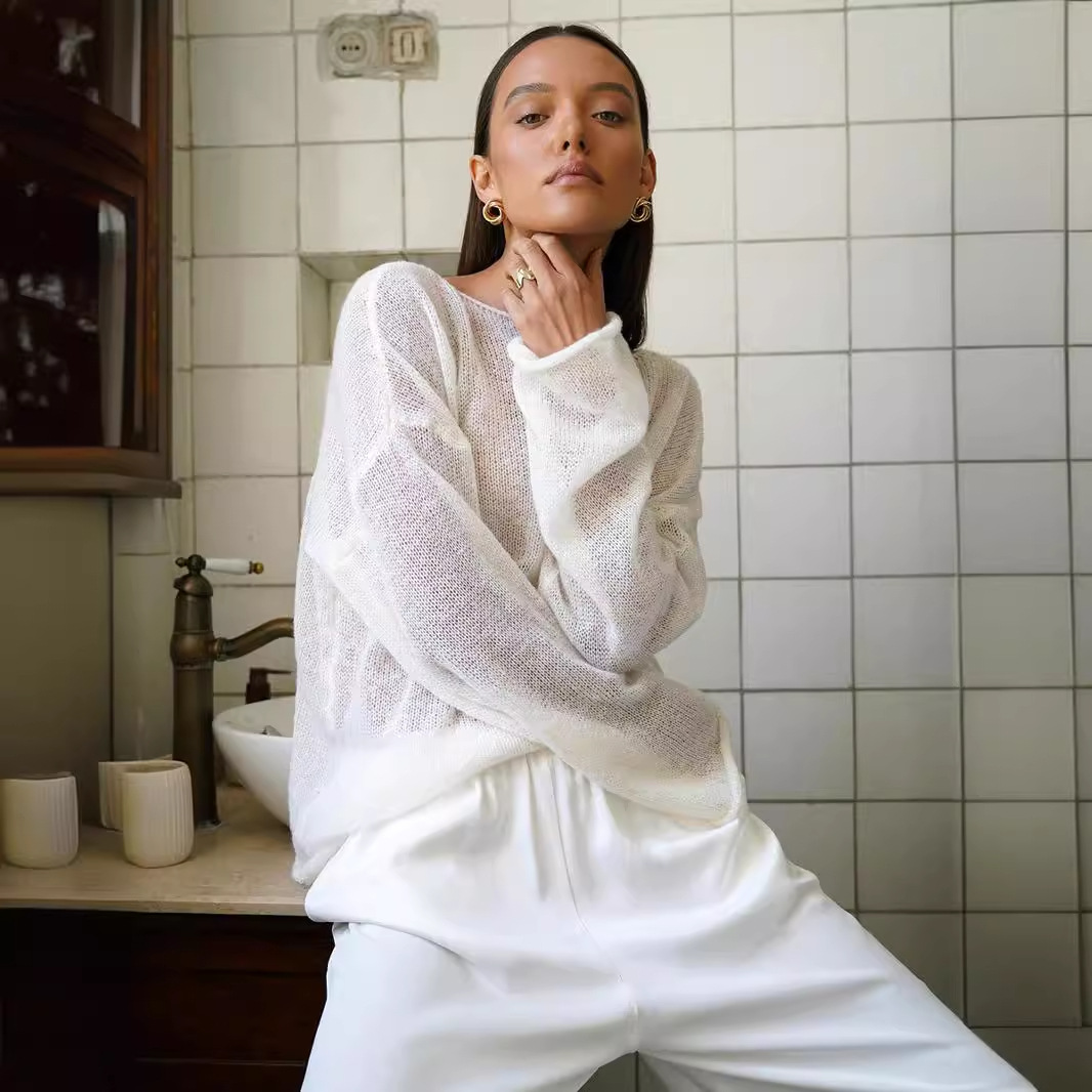 2 *PCS Cross-border Hollow Knit Sweater Women's New Spring/Summer 2025 European and American Style Sheer Thin Large Round Neck Flared Sleeve Knit T-Shirt