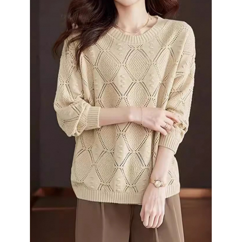 2 *PCS Cross-border Autumn/Winter Breathable Hollow Long-sleeved Knit Sweater Women Thin Casual Top Loose New Round Neck Base Layer Top Women