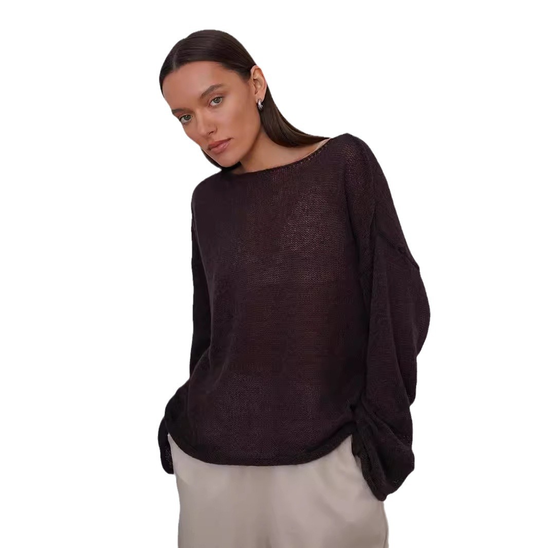 2 *PCS Cross-border Hollow Knit Sweater Women's New Spring/Summer 2025 European and American Style Sheer Thin Large Round Neck Flared Sleeve Knit T-Shirt