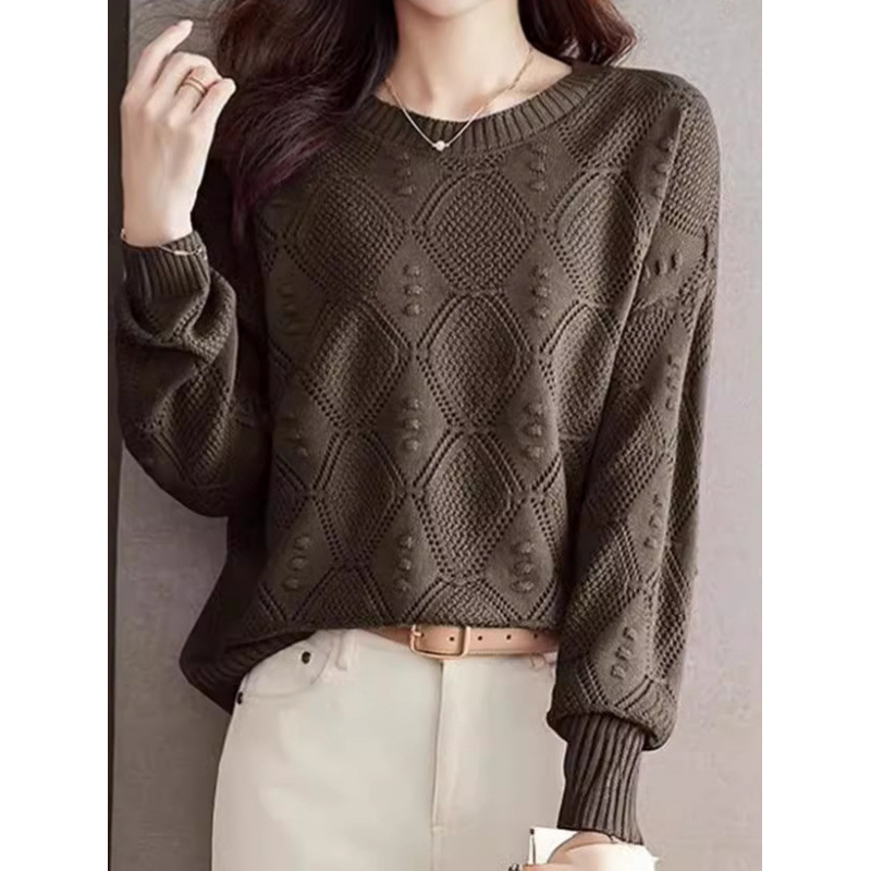 2 *PCS Cross-border Autumn/Winter Breathable Hollow Long-sleeved Knit Sweater Women Thin Casual Top Loose New Round Neck Base Layer Top Women