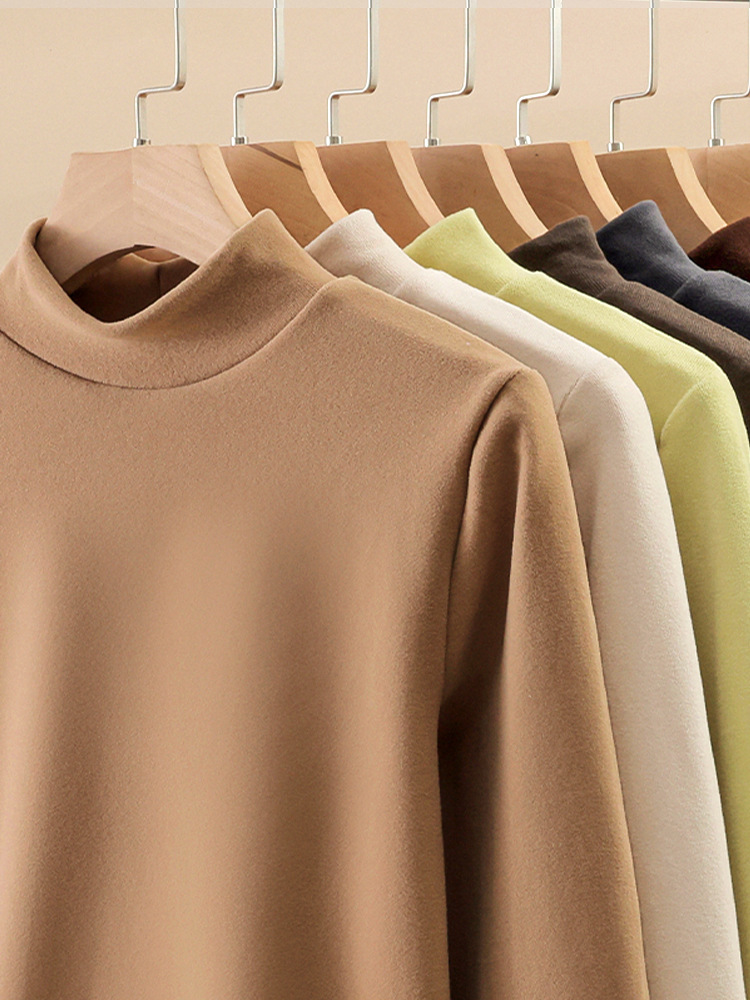 German velvet semi high neck base shirt for women's autumn and winter new style double-sided brushed knitted sweater with added velvet and thick long sleeved top inside
