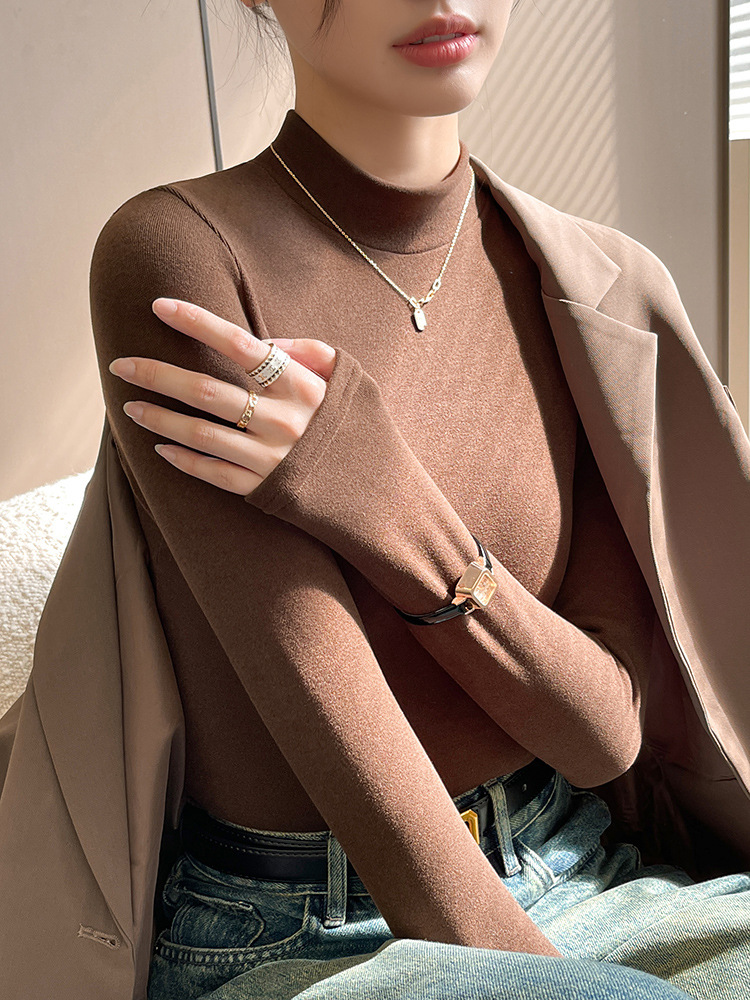 German velvet semi high neck base shirt for women's autumn and winter new style double-sided brushed knitted sweater with added velvet and thick long sleeved top inside