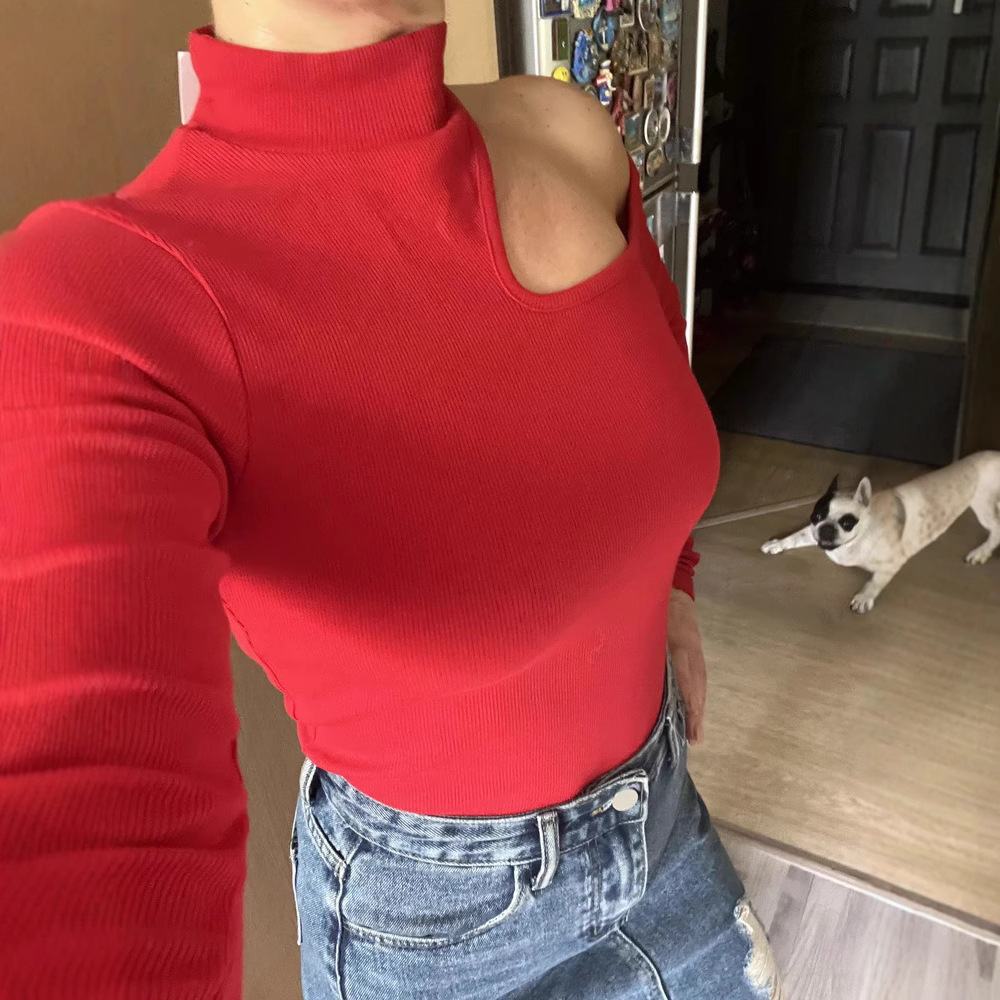 Cross-border 2025 Autumn/Winter Amazon Asymmetric Collar Knit Base Top European and American Slim Fit Off-Shoulder Long-Sleeve T-Shirt for Women