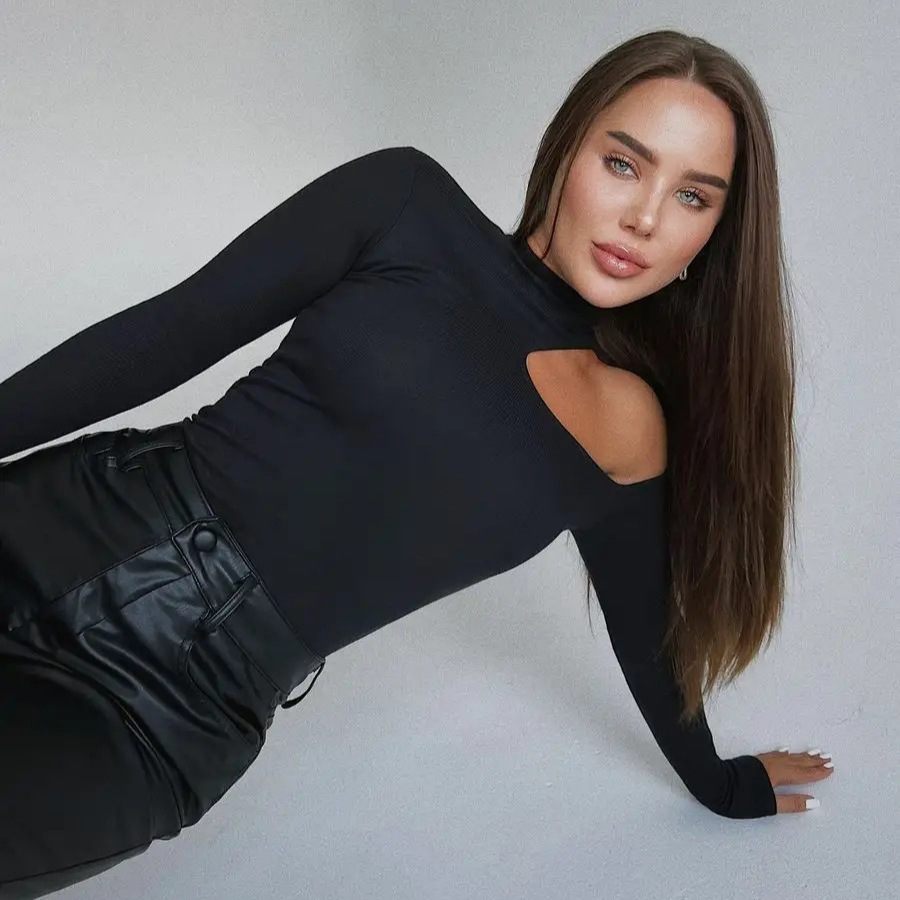 Cross-border 2025 Autumn/Winter Amazon Asymmetric Collar Knit Base Top European and American Slim Fit Off-Shoulder Long-Sleeve T-Shirt for Women