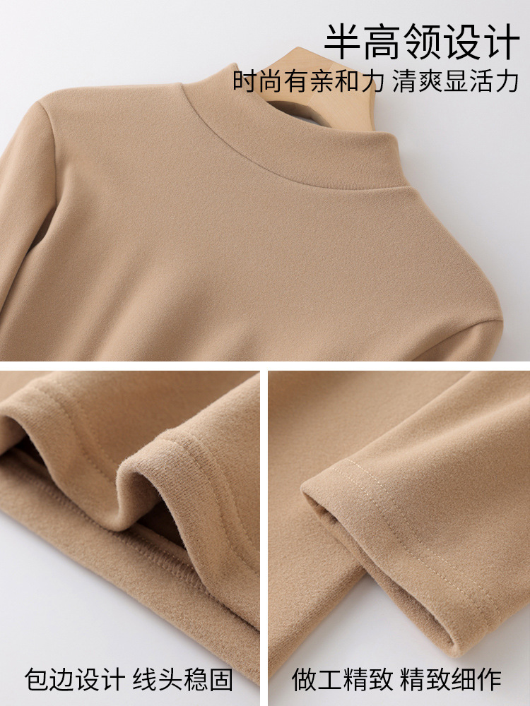 German velvet semi high neck base shirt for women's autumn and winter new style double-sided brushed knitted sweater with added velvet and thick long sleeved top inside
