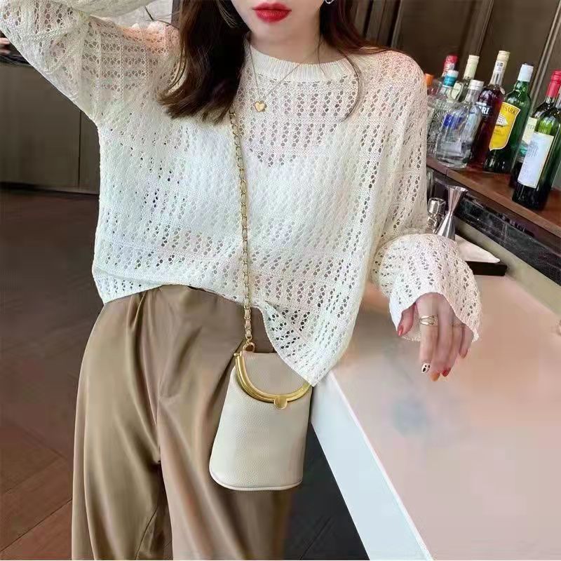 Hollow out knitted sweater for women, new style for early spring and autumn, thin fit, loose outer sweater, versatile long sleeved top