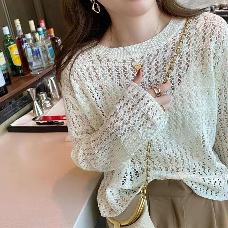 Hollow out knitted sweater for women, new style for early spring and autumn, thin fit, loose outer sweater, versatile long sleeved top