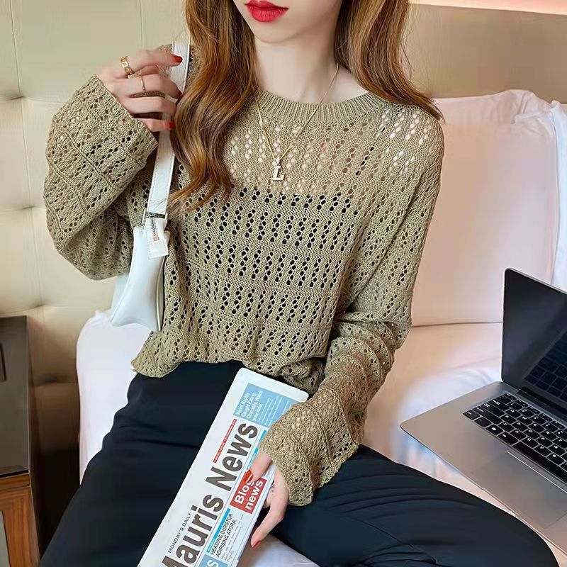 Hollow out knitted sweater for women, new style for early spring and autumn, thin fit, loose outer sweater, versatile long sleeved top