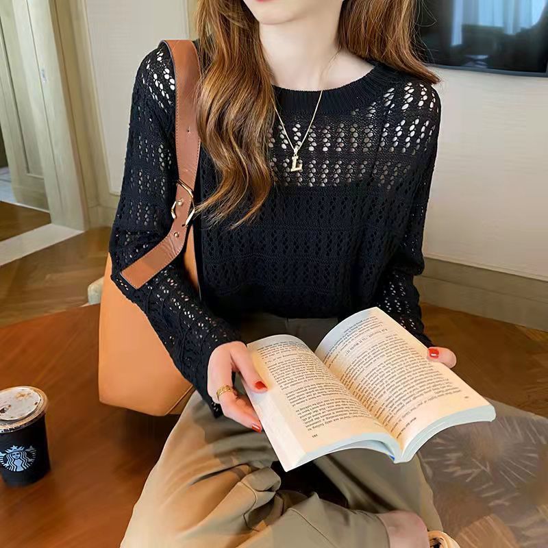 Hollow out knitted sweater for women, new style for early spring and autumn, thin fit, loose outer sweater, versatile long sleeved top