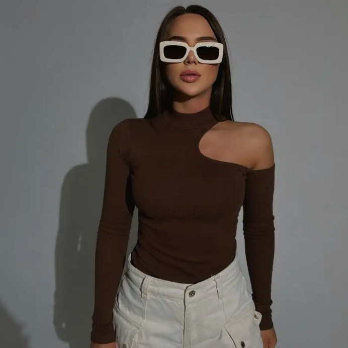 Cross-border 2025 Autumn/Winter Amazon Asymmetric Collar Knit Base Top European and American Slim Fit Off-Shoulder Long-Sleeve T-Shirt for Women