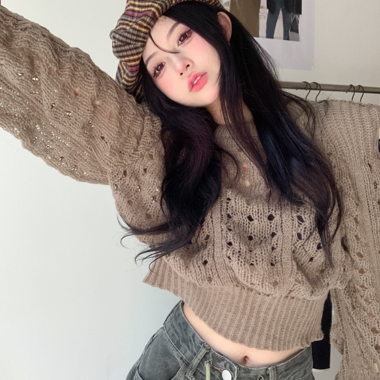 New arrival Amazon European and American hollow thin shoulder pad knit sweater autumn short sleeve long sleeve sweater women's base top
