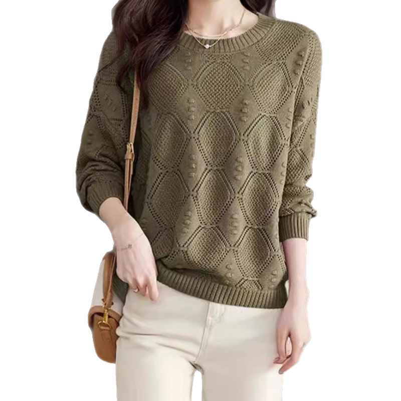 2 *PCS Cross-border Autumn/Winter Breathable Hollow Long-sleeved Knit Sweater Women Thin Casual Top Loose New Round Neck Base Layer Top Women