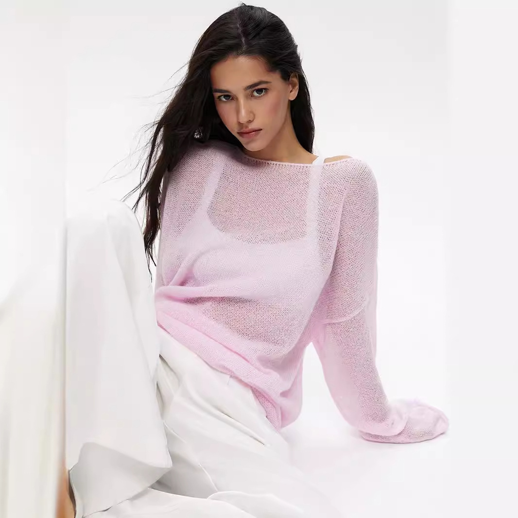2 *PCS Cross-border Hollow Knit Sweater Women's New Spring/Summer 2025 European and American Style Sheer Thin Large Round Neck Flared Sleeve Knit T-Shirt