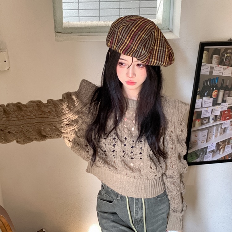 New arrival Amazon European and American hollow thin shoulder pad knit sweater autumn short sleeve long sleeve sweater women's base top