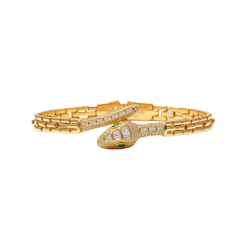 18k real gold plated light luxury style zircon snake-shaped buckle bracelet, European and American personality fashion niche high-end hand jewelry.