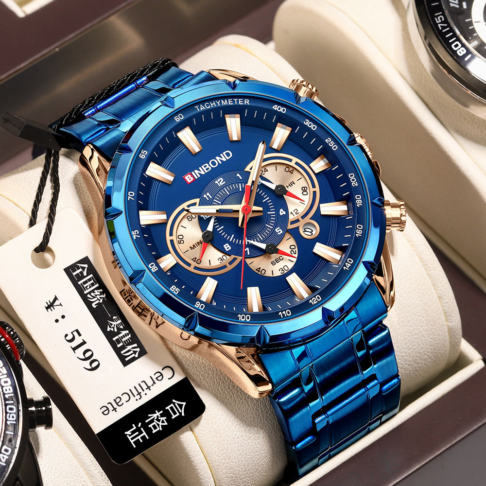 2 * PCS BINBOND European and American trendy brand timing multi pointer men's watch tactical locomotive waterproof night light watch