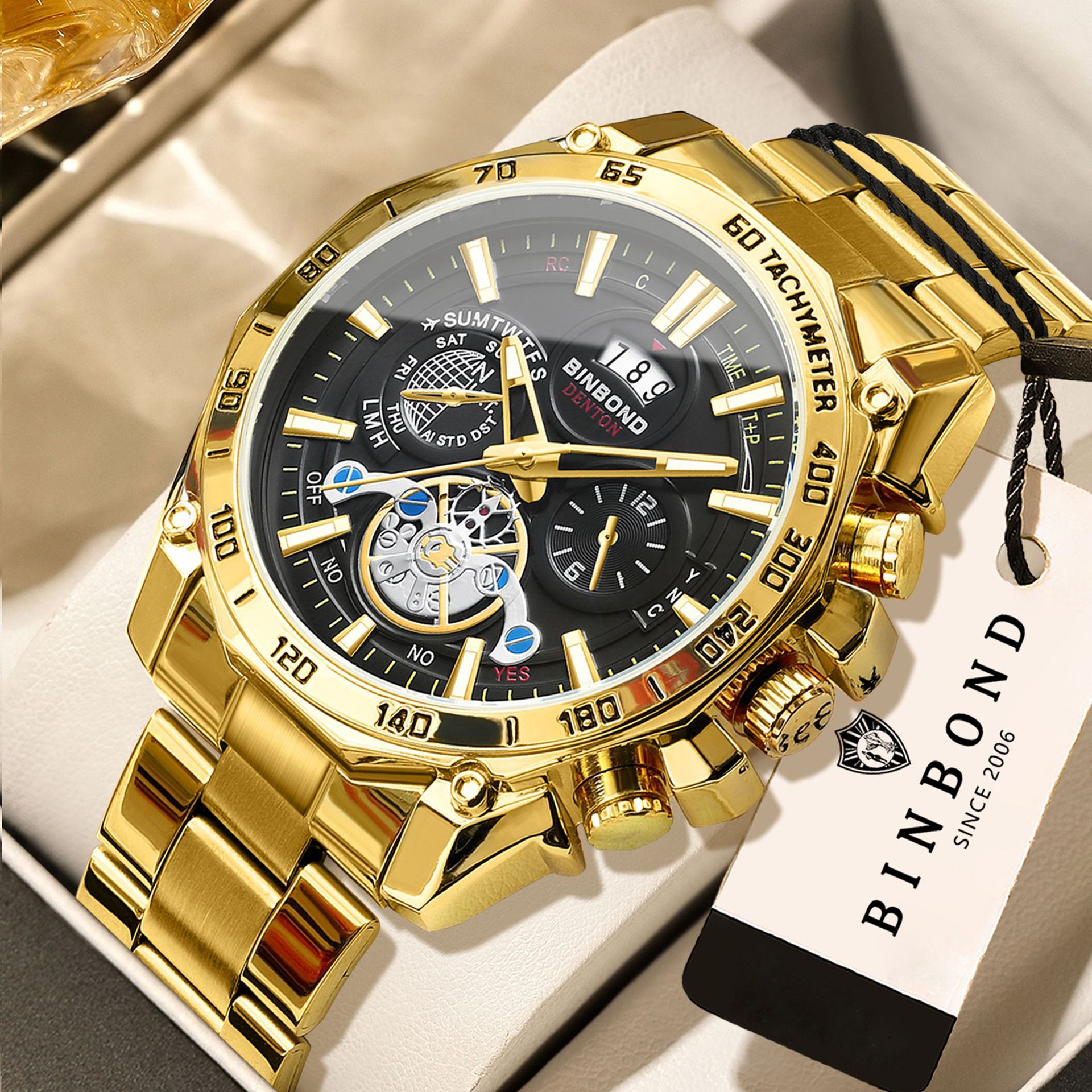 2 * PCS BINBOND Night Light Trendy Student Watch Men's Tourbillon Gift Steel Belt Three Eye Six Pin Decorative Watch