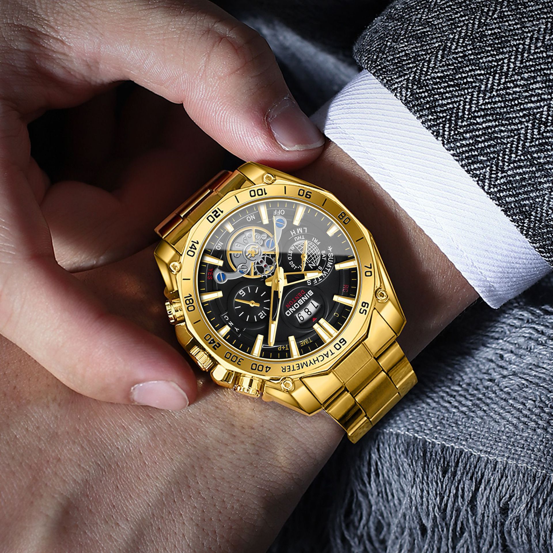 2 * PCS BINBOND Night Light Trendy Student Watch Men's Tourbillon Gift Steel Belt Three Eye Six Pin Decorative Watch
