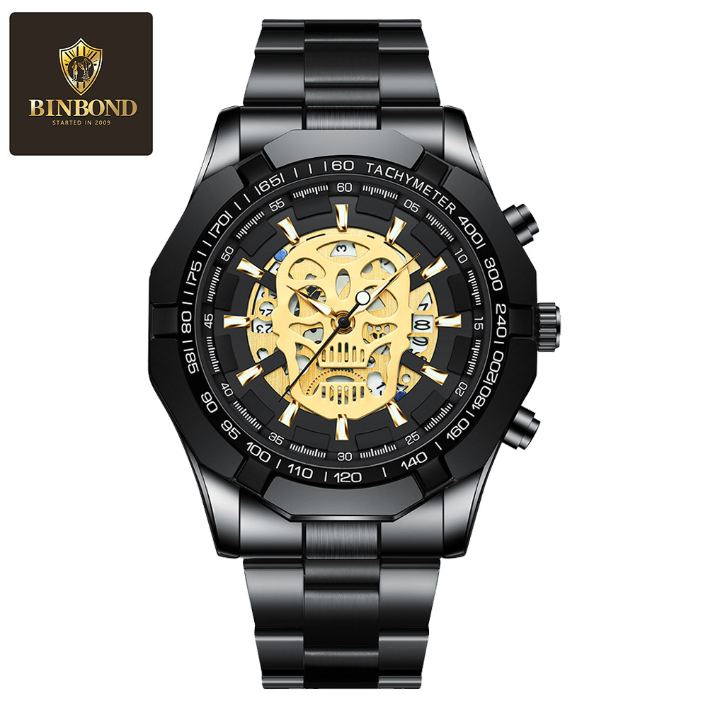 2 * PCS BINBOND Watch Fashion and Leisure Manufacturer in Stock Luminous Skull Hollow Men's Watch