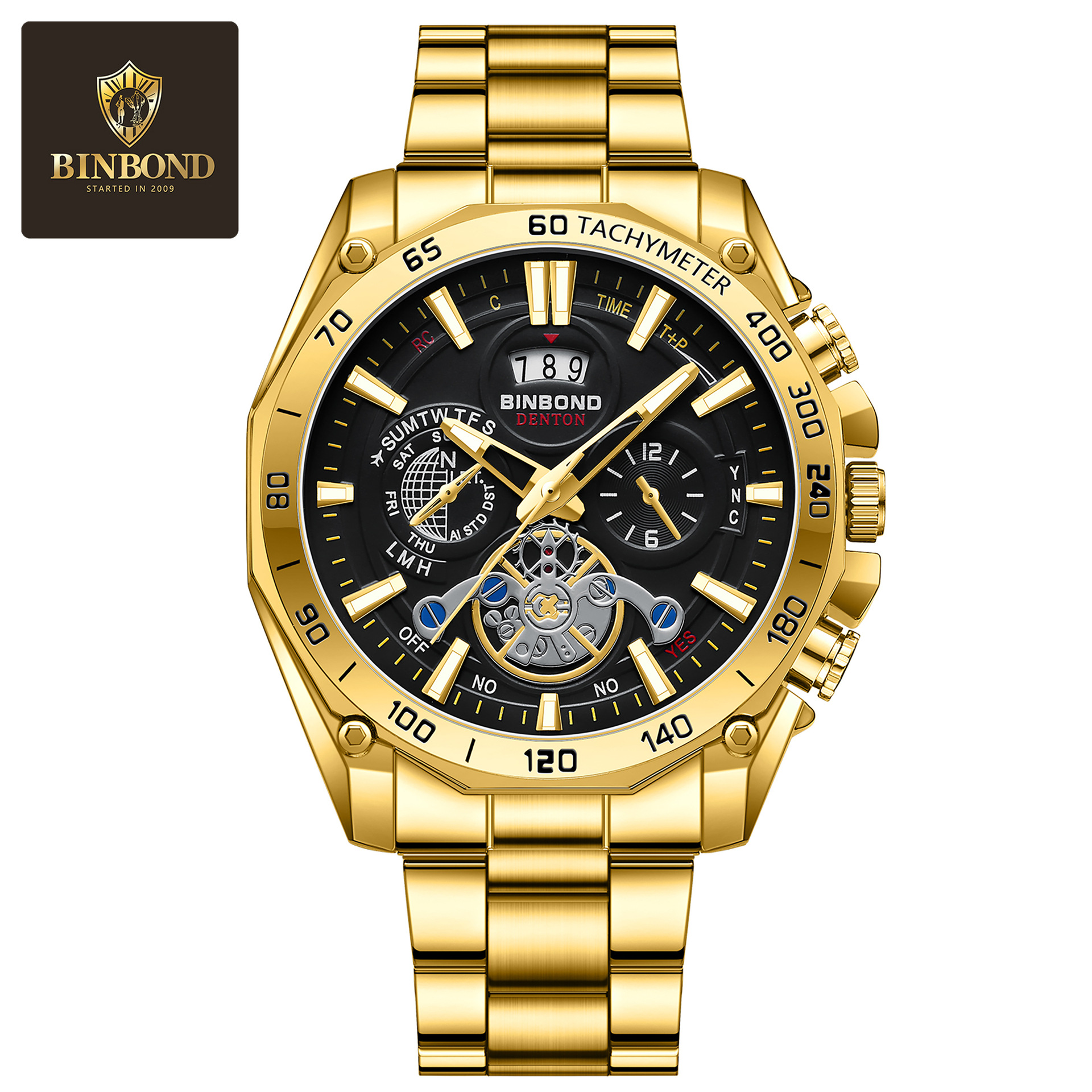 2 * PCS BINBOND Night Light Trendy Student Watch Men's Tourbillon Gift Steel Belt Three Eye Six Pin Decorative Watch