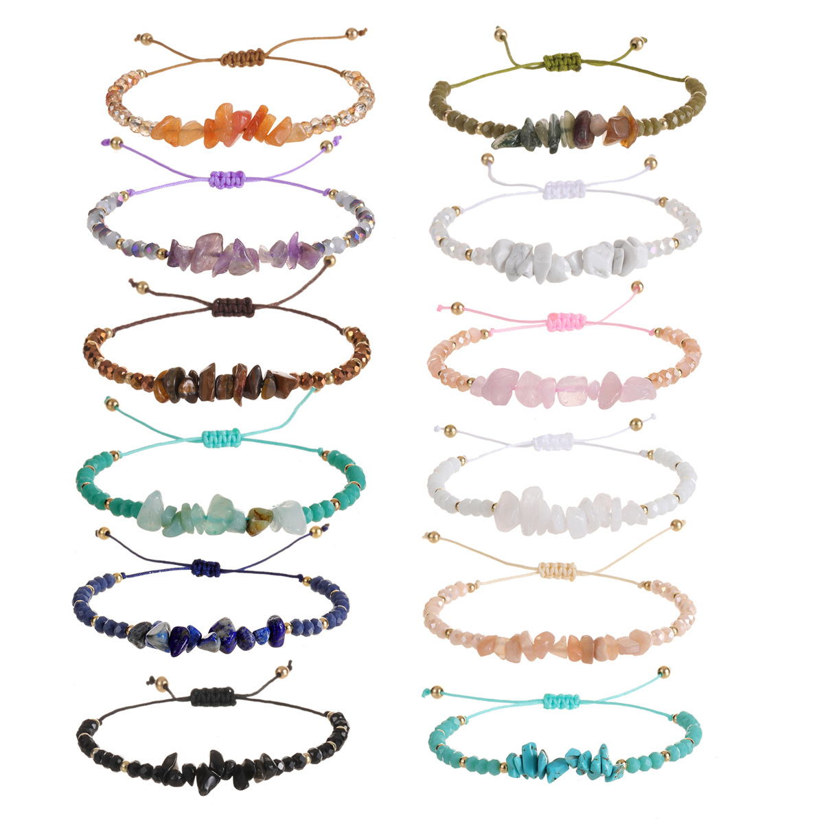 Manufacturer's spot wholesale natural stone, crushed stone, crystal bead weaving bracelet, European and American cross-border adjustable bracelet, hand rope