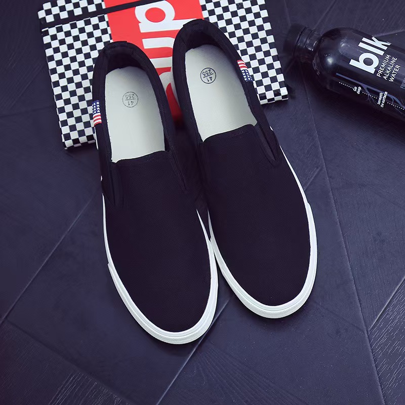 Men's Korean-Style Canvas Slip-On Shoes, Casual Flat Loafers for Students & Young Adults, Comfortable Breathable Low-Top Sneakers, Versatile Black/White/Blue Plimsolls for Daily Wear