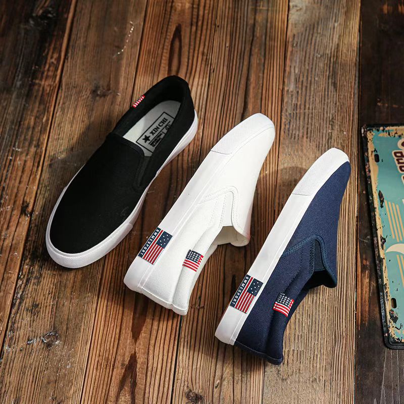 Men's Korean-Style Canvas Slip-On Shoes, Casual Flat Loafers for Students & Young Adults, Comfortable Breathable Low-Top Sneakers, Versatile Black/White/Blue Plimsolls for Daily Wear