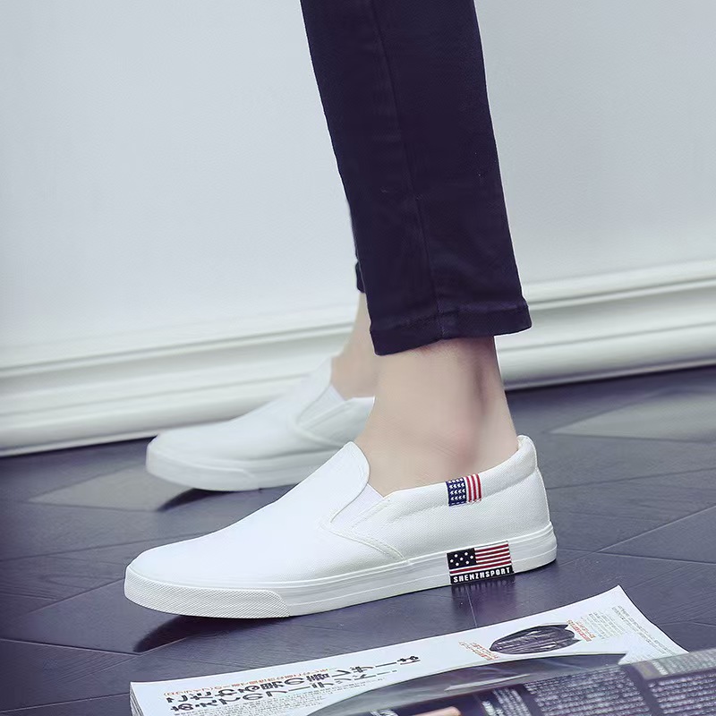 Men's Korean-Style Canvas Slip-On Shoes, Casual Flat Loafers for Students & Young Adults, Comfortable Breathable Low-Top Sneakers, Versatile Black/White/Blue Plimsolls for Daily Wear