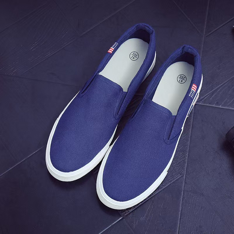 Men's Korean-Style Canvas Slip-On Shoes, Casual Flat Loafers for Students & Young Adults, Comfortable Breathable Low-Top Sneakers, Versatile Black/White/Blue Plimsolls for Daily Wear