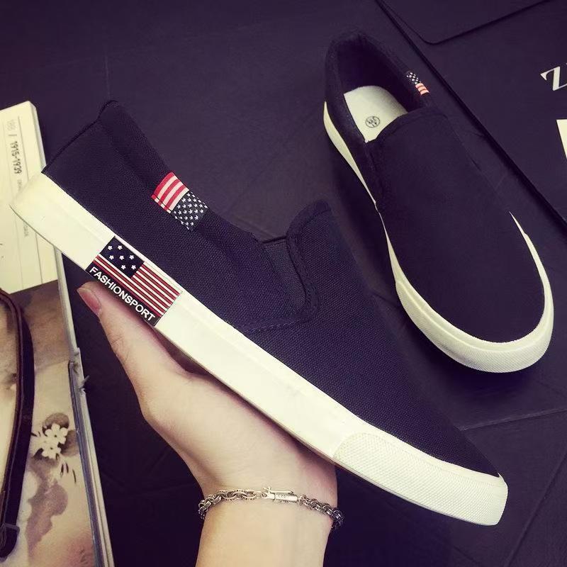 Men's Korean-Style Canvas Slip-On Shoes, Casual Flat Loafers for Students & Young Adults, Comfortable Breathable Low-Top Sneakers, Versatile Black/White/Blue Plimsolls for Daily Wear
