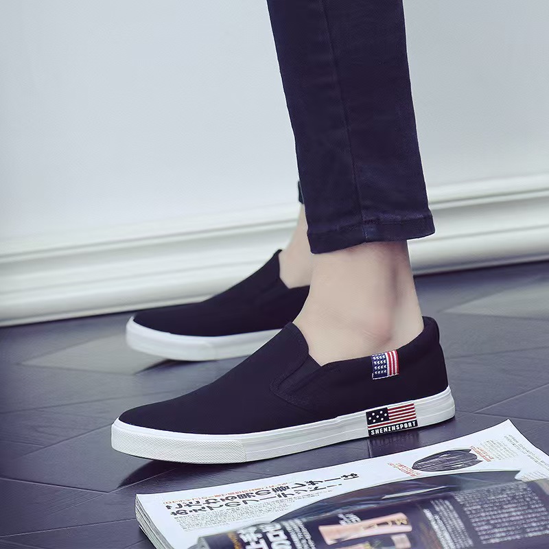 Men's Korean-Style Canvas Slip-On Shoes, Casual Flat Loafers for Students & Young Adults, Comfortable Breathable Low-Top Sneakers, Versatile Black/White/Blue Plimsolls for Daily Wear