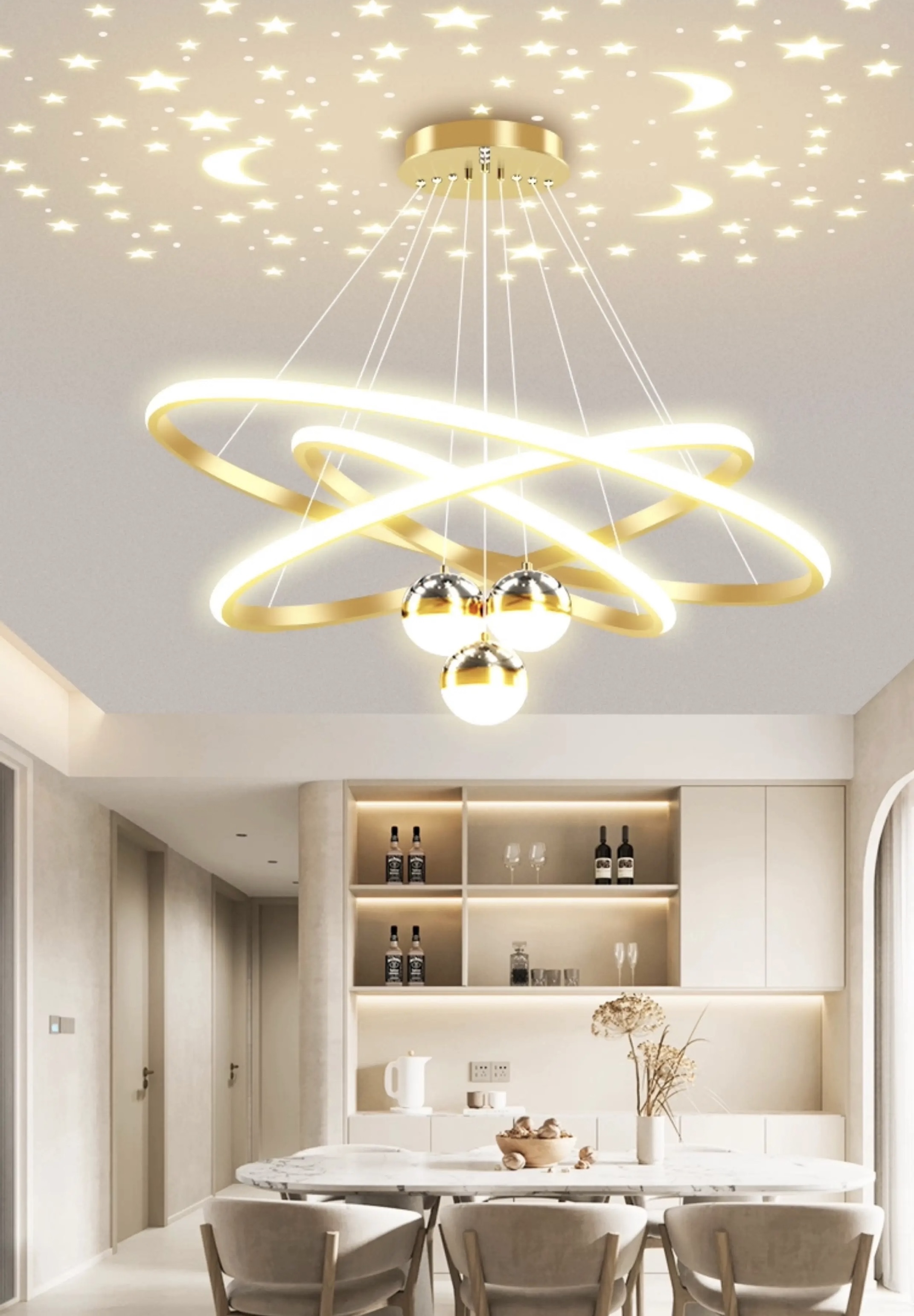 MODI New Arrival Three Color LED Chandelier, Modern Minimalist Starry Racket Shaped Ceiling Light, Luxury High Grade Hanging Lamp for Home Dining Room Living Room Bedroom