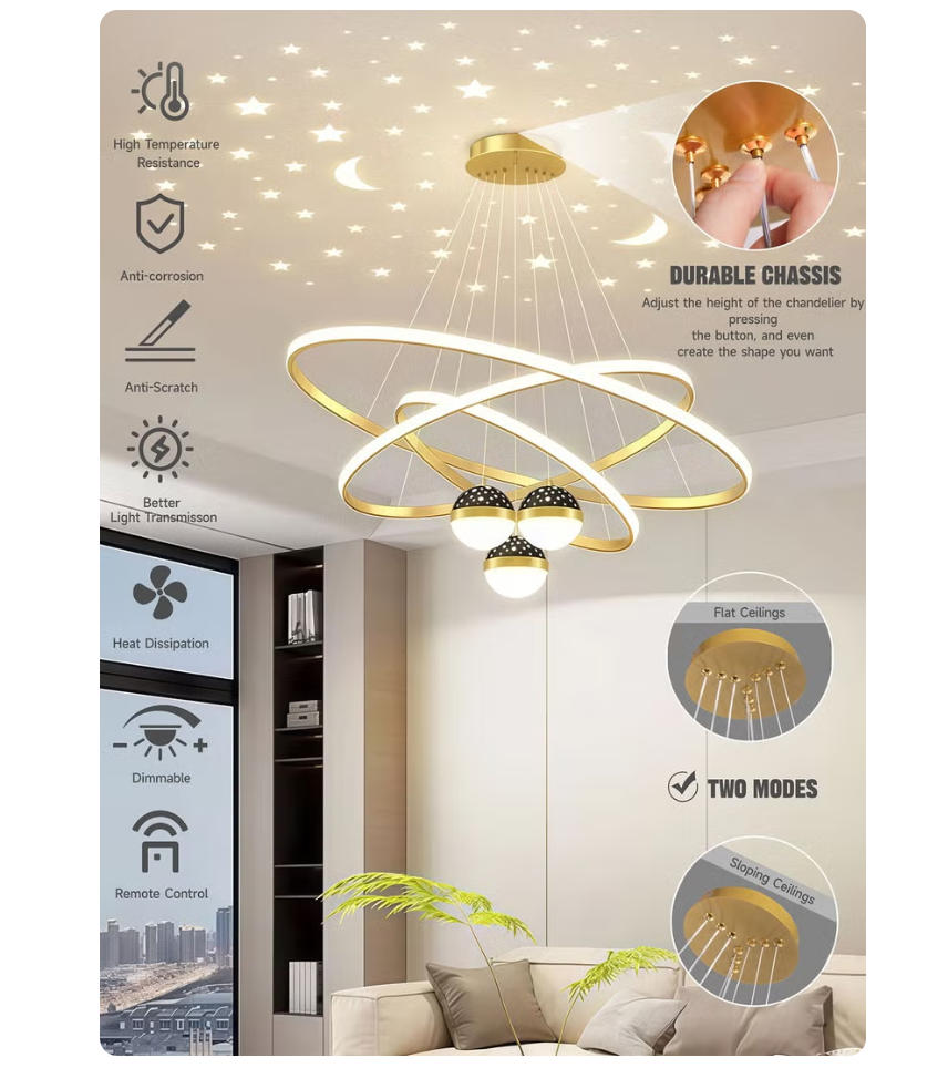 MODI New Arrival Three Color LED Chandelier, Modern Minimalist Starry Racket Shaped Ceiling Light, Luxury High Grade Hanging Lamp for Home Dining Room Living Room Bedroom