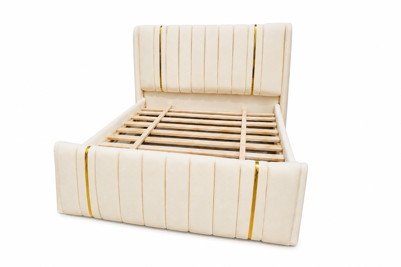 OFFER!!! CLASSY CREME WHITE VELVET BED WITH GOLD ACCENTS (without mattress), 5*6 ft