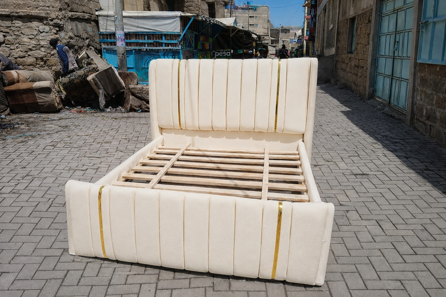 OFFER!!! CLASSY CREME WHITE VELVET BED WITH GOLD ACCENTS (without mattress), 5*6 ft