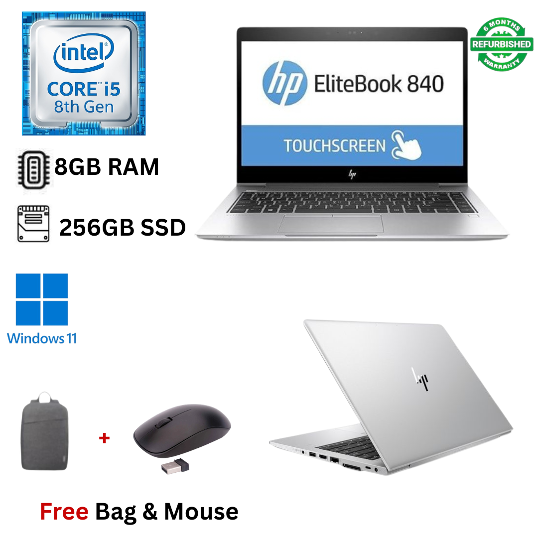 Refurbished HP EliteBook 840 G6 Core I5 8GB RAM 256GB SSD 8th Gen 14 inch Full HD Touchscreen 1.6GHz - 3.9GHz Quad Core Processor Windows 11 MS Office 2021 HDMI Webcam Ultra Slim  Laptop + Bag & Mouse