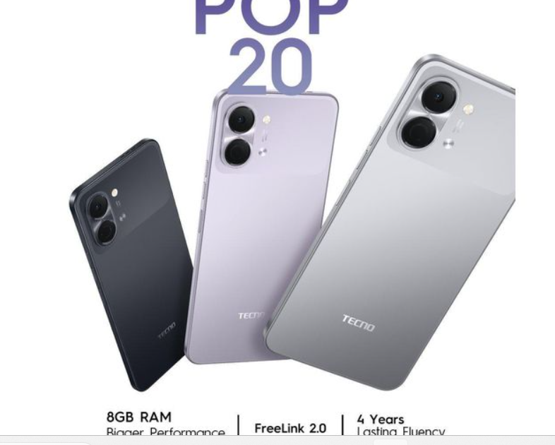 TECNO POP 20 128+4 GB  6.75 inch display,4G smartphone unisoc T7250 processor,Android 15,5000MAH battery