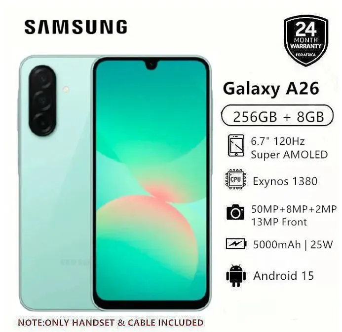 Samsung Galaxy A26 – 256GB, 8GB , 6.7" 120Hz Super AMOLED Display, 50MP Triple Camera, Android 15, Exynos 1380, IP67 Dust & Water Resistant, 5000mAh Battery,Type-C Fast Charging – Premium Performance.