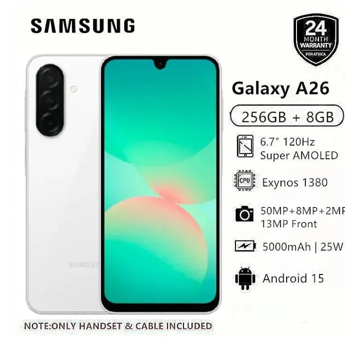 Samsung Galaxy A26 – 256GB, 8GB , 6.7" 120Hz Super AMOLED Display, 50MP Triple Camera, Android 15, Exynos 1380, IP67 Dust & Water Resistant, 5000mAh Battery,Type-C Fast Charging – Premium Performance.